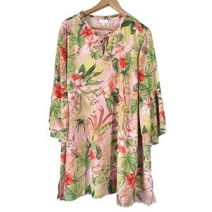 J.Jill Tropical Floral Chiffon Tunic Top Plus Size 3X Bell Sleeves Raw Hem